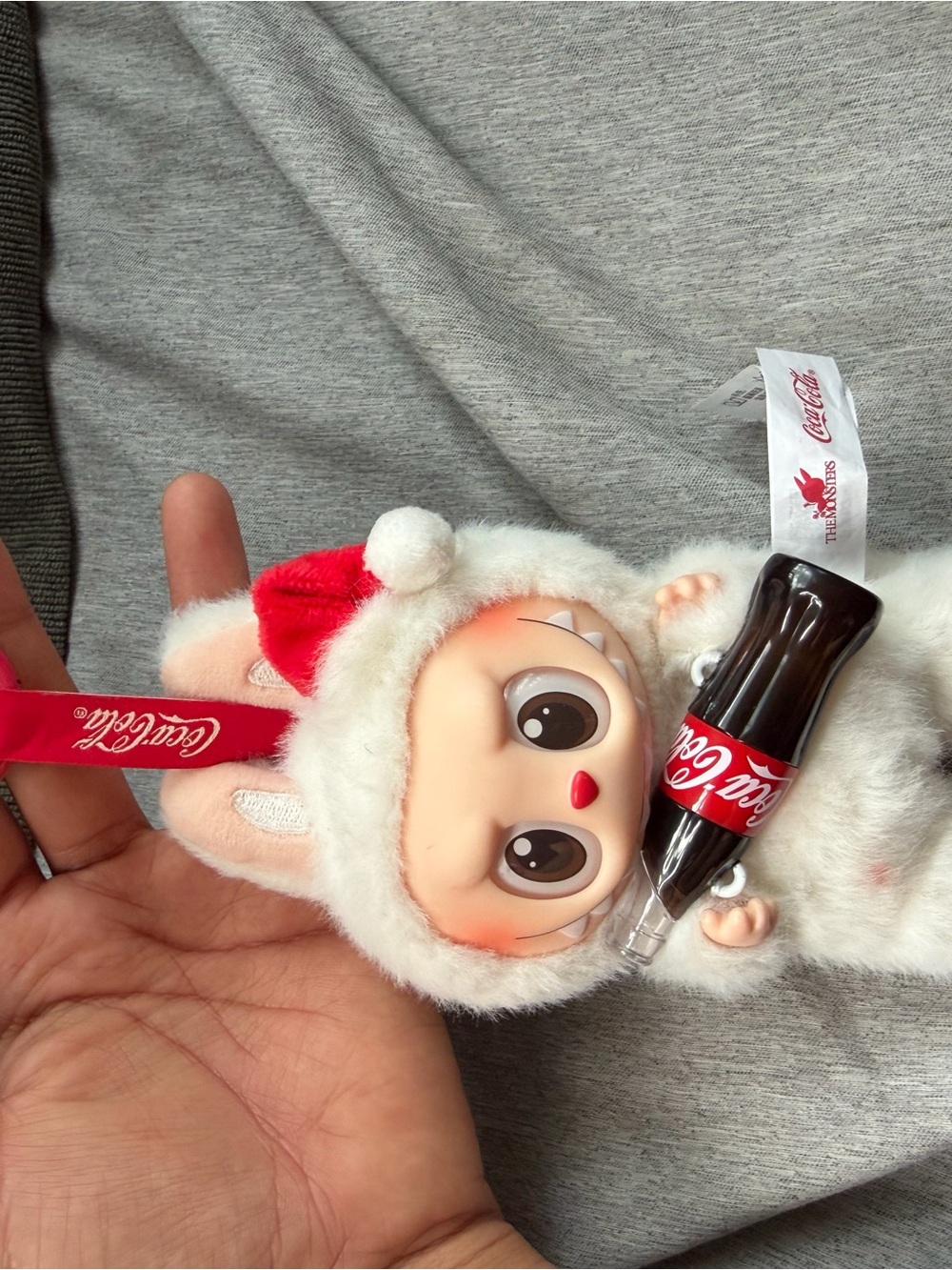 Coca Cola White & Red Bunny Doll Ornament with Mini Coke Bottle